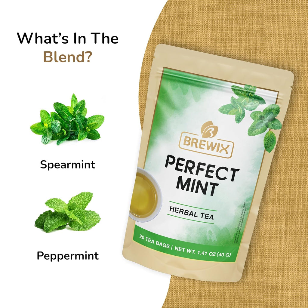 BREWIX, Moroccan Mint Tea (20 Pyramid Tea Bags) | Soothes Your Belly | Calming, Fresh and Cool | Caffeine Free Herbal Tea | No Sugar & No Caffeine