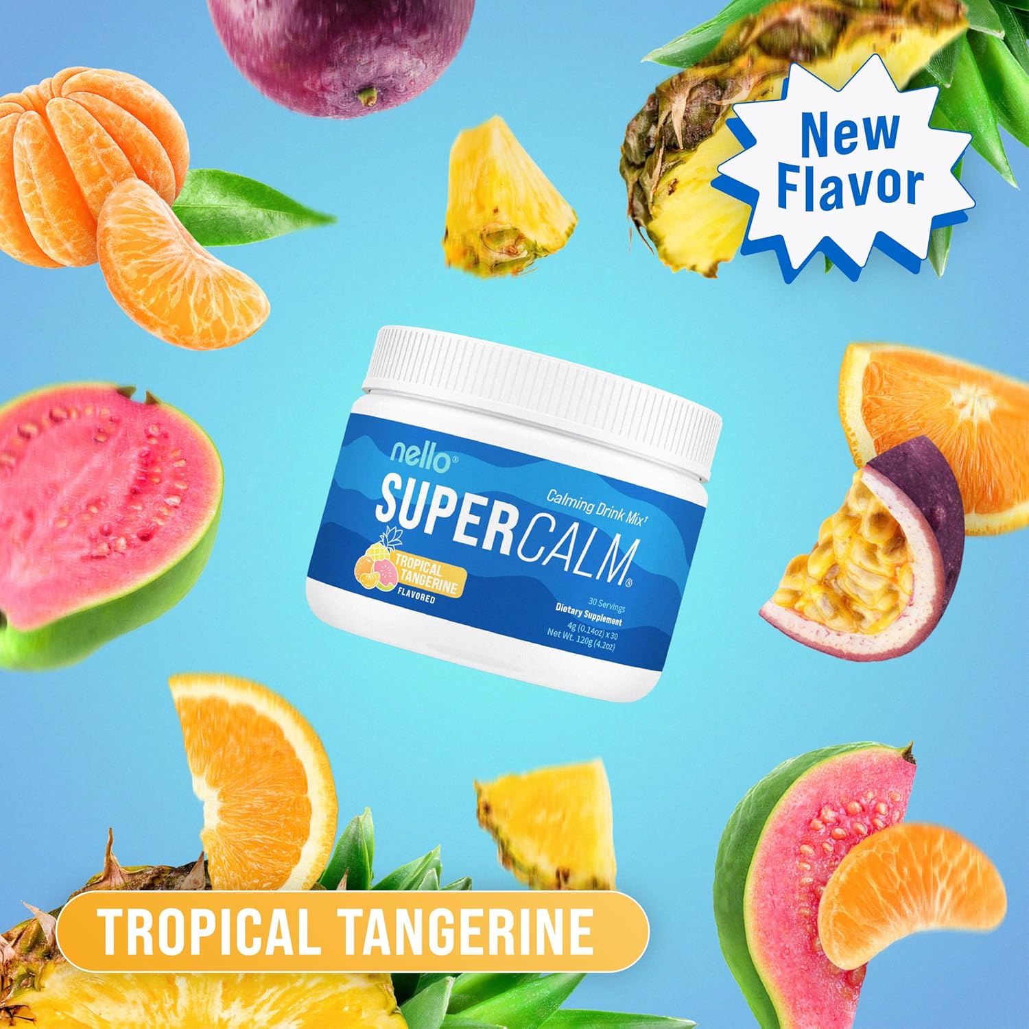 Nello Supercalm Powdered Drink Mix Tub, Cortisol Reducer* and Sleep Aid Supplement, L Theanine, Ksm-66 Ashwagandha, Magnesium Glycinate, Vitamin D 3, No Sugar, Non GMO, 30 Ct, Tropical Tangerine