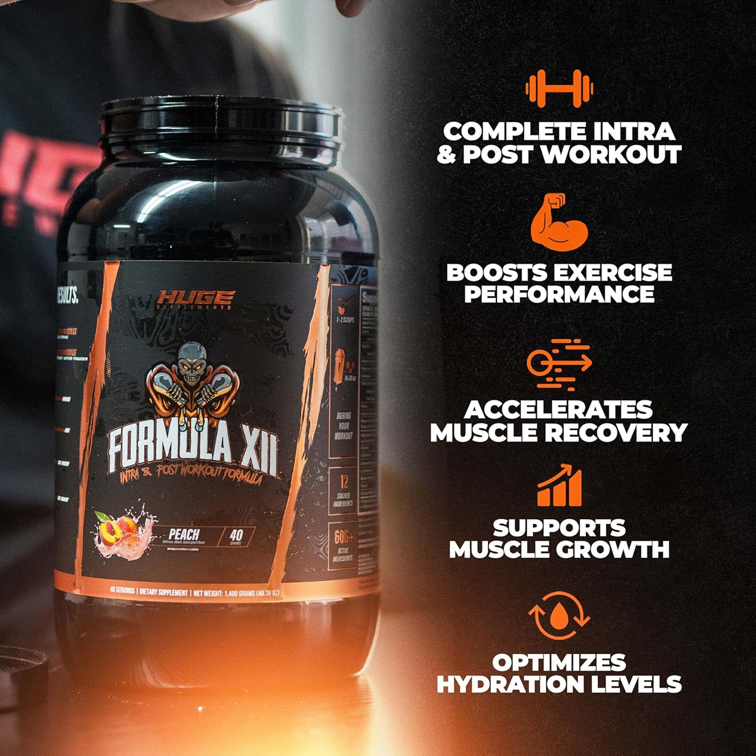 Formula XII Intra Workout Carbs & Post Workout Recovery Powder, Rapidly Absorbed Instant Energy, Boost Exercise Performance, Strength, Endurance & Hydration, 12 Science-Backed Ingredients (Peach)