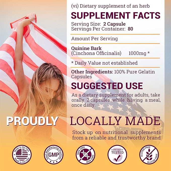 Quinine Capsules - Cinchona Officinalis Bark Herbal Supplement for Muscle, Cramp Defense and Overall Digestive Health - All-Natural Quinine Sulfate Pills, 500mg per Capsule, 160 Tablets