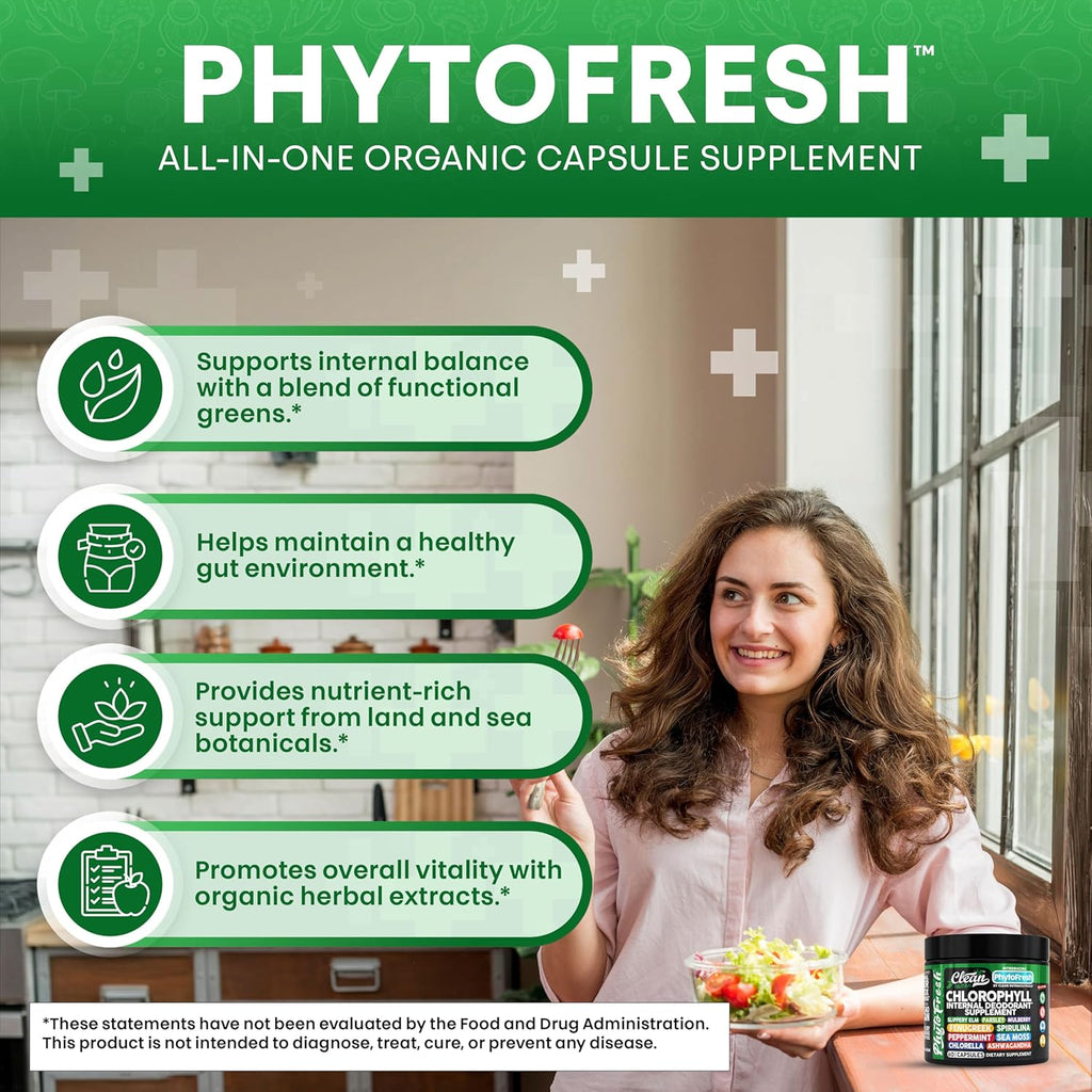 Clean Nutra Chlorophyll Capsules Supplement Internal Deodorant Peppermint, Sea Moss, Parsley, Chlorella, Spirulina, Slippery Elm, Ashwagandha, PhytoFresh Greens Detox Pills