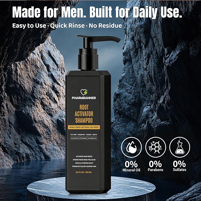 Root Activator Shampoo for Men: Hair Growth Shampoo for Thinning Hair, Hair Loss & Scalp Health – Natural Herbal Formula with Cooling Sensation – Sulfate-Free