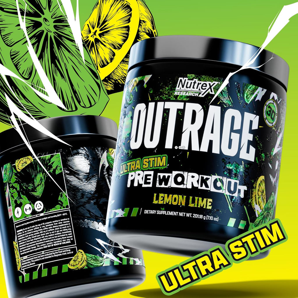 Outrage Ultra HIGH STIM Pre-Workout Powder for Men | 400mg Caffeine, L-Citrulline, Beta-Alanine, Creatine | Extreme Energy, Focus, Strength & Endurance (30 Servings, Lemon Lime)