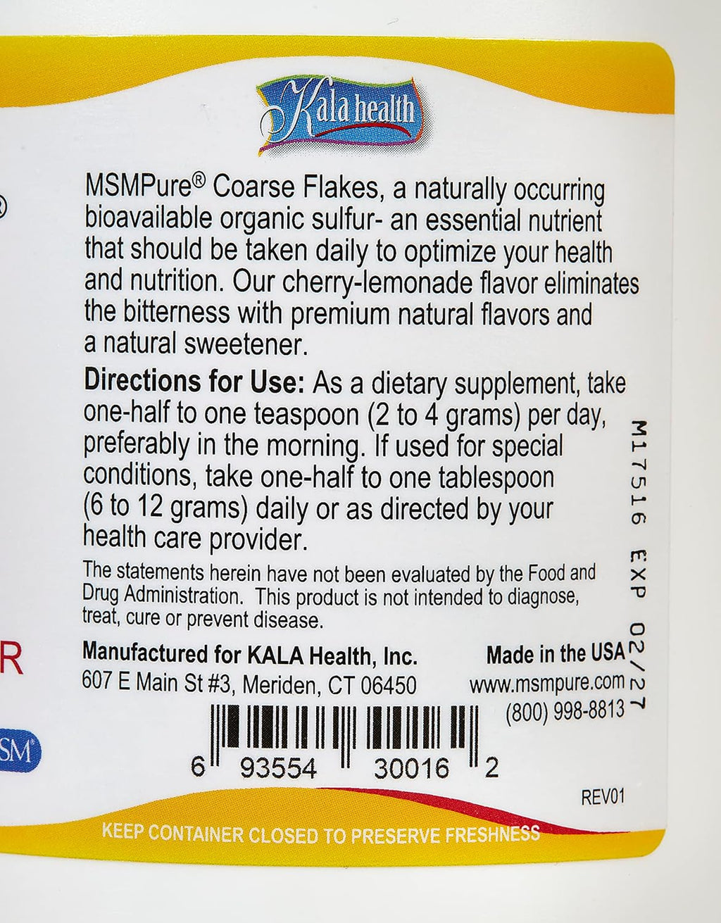 KALA HEALTH MSMPure Cherry Lemonade Flavored Coarse MSM Powder Flakes – US-Made MSM for Joint Health, Skin Appearance, and Hair & Nail Support – 1 lb, Organic Sulfur