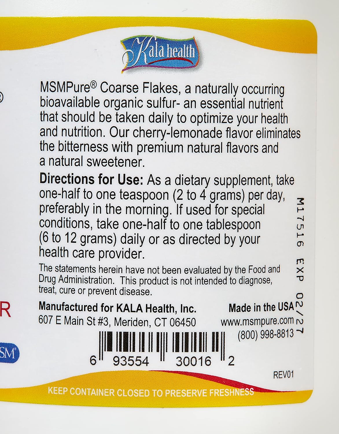 KALA HEALTH MSMPure Cherry Lemonade Flavored Coarse MSM Powder Flakes – US-Made MSM for Joint Health, Skin Appearance, and Hair & Nail Support – 1 lb, Organic Sulfur