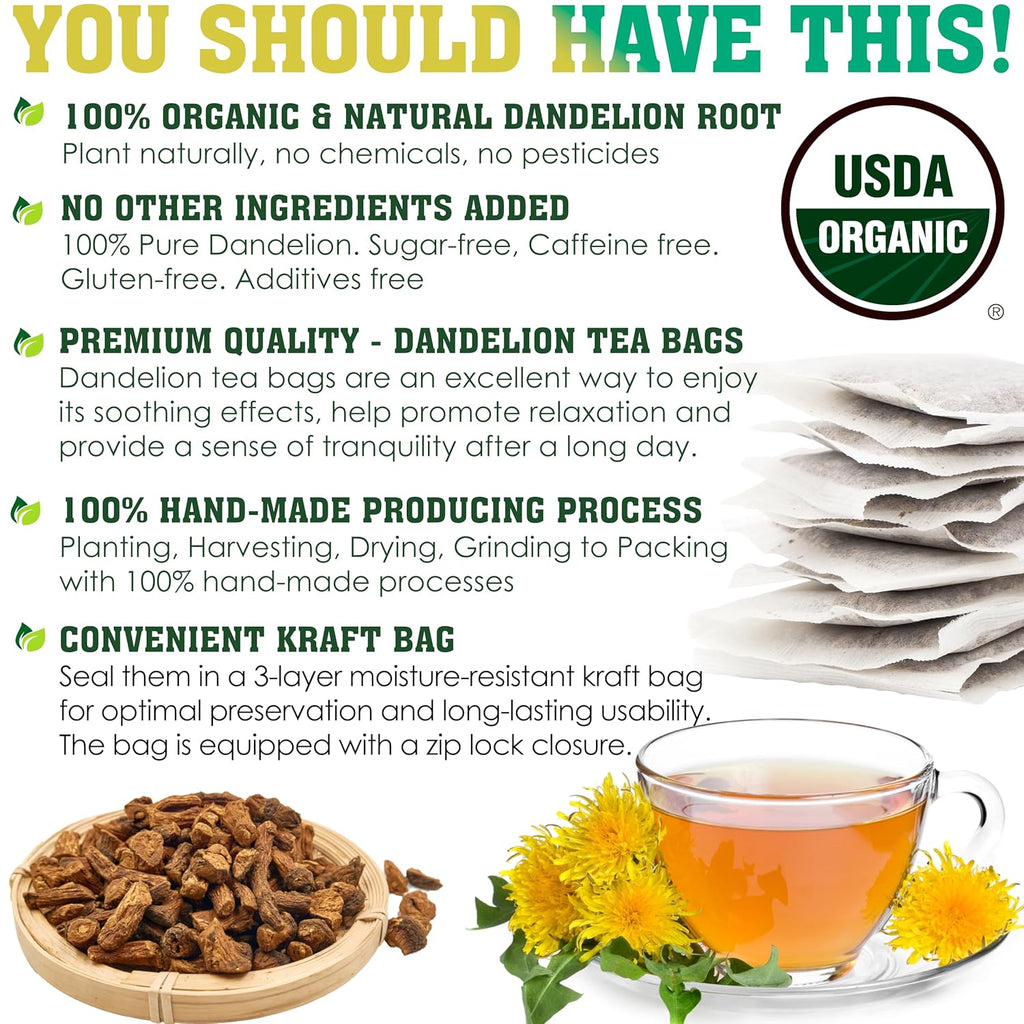 USDA Organic Dandelion Root Tea Bags , Roasted Coffee Substitute & Liver Kidney Cleanse Tea, Digestion & Bloating Relief Support, 100% Organic & Pure Dandelion Root, Non-GMO, Caffeine Free, 50 teabags Eco-Conscious Corn Fiber