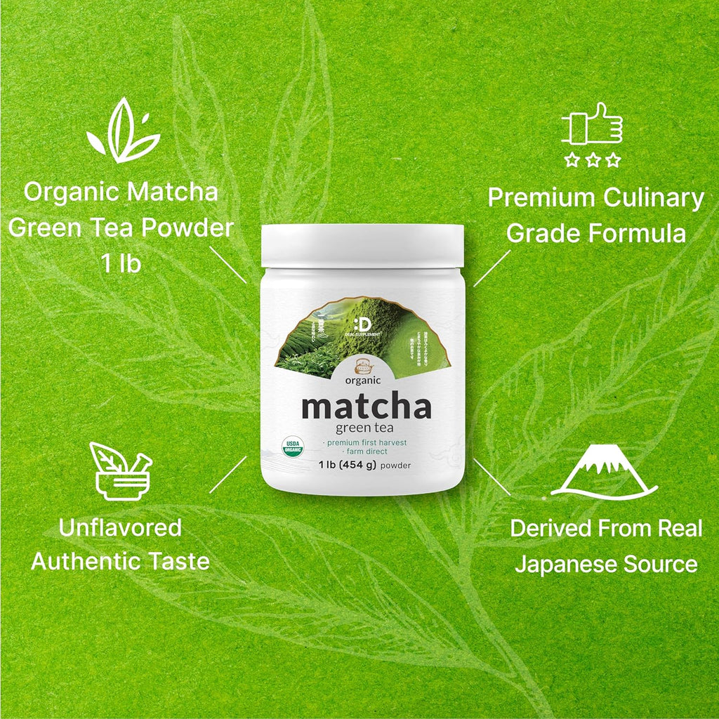 Organic Matcha Green Tea Powder, 1 lb (454g) | First Harvest, Culinary Grade | Japanese Sourced Cafe Mix | Zero Sugar, Keto Friendly, Non-GMO, Vegetarian
