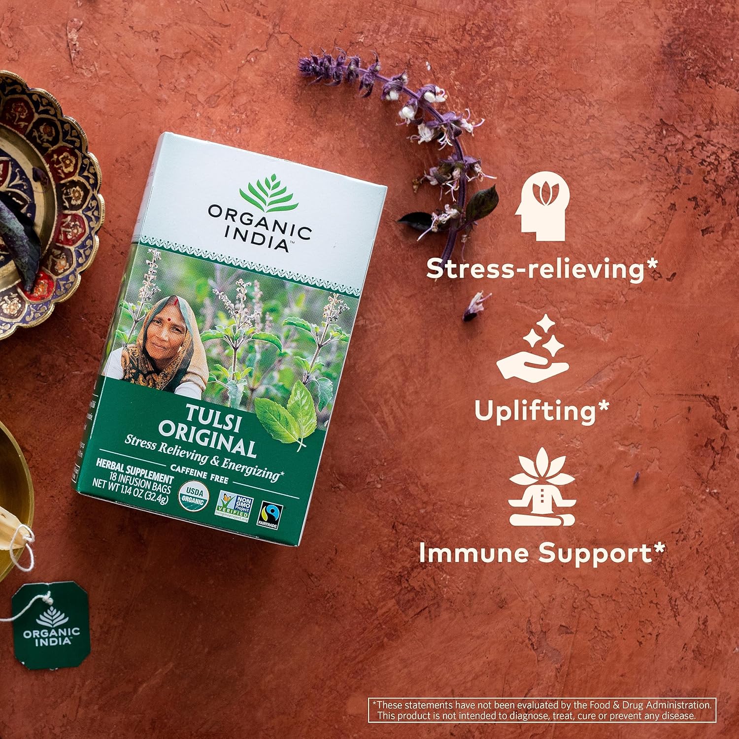 Organic India Tulsi Original Herbal Tea - Holy Basil, Stress Relieving & Energizing, Immune Support, Adaptogen, Vegan, USDA Certified Organic, Non-GMO, Caffeine-Free - 18 Infusion Bags, 1 Pack