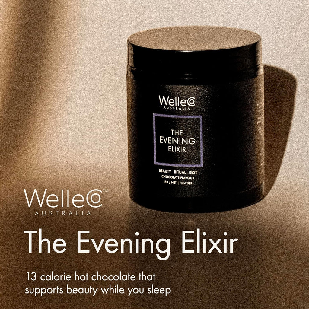 WelleCo The Evening Elixir Skin Care Vitamin C Hot Chocolate Beauty Drink Mix with Niacin, Lemon Balm, and Magnesium for Sleep, Collagen Formation, Gluten Free, Vegan, Dairy Free, 150g (5.3oz) Jar