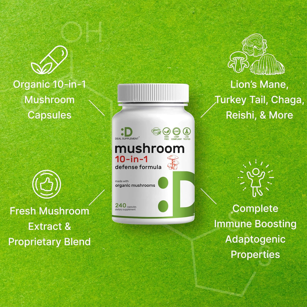 Organic 10-in-1 Mushroom Supplement, 240 Capsules – Lions Mane, Turkey Tail, Reishi, Cordyceps & More Mushroom Complex – Immune, Energy & Nootropic Brain Support – Non-GMO