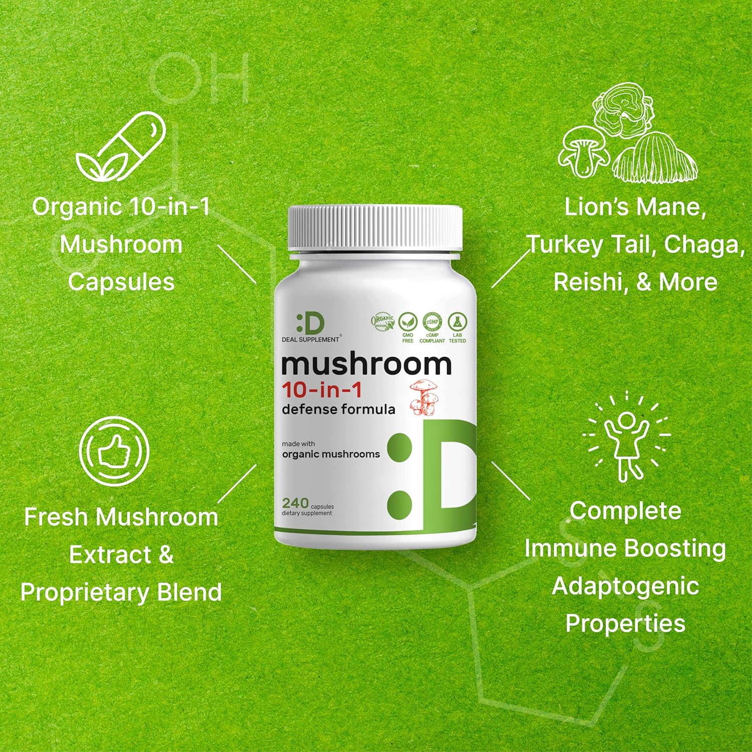 Organic 10-in-1 Mushroom Supplement, 240 Capsules – Lions Mane, Turkey Tail, Reishi, Cordyceps & More Mushroom Complex – Immune, Energy & Nootropic Brain Support – Non-GMO