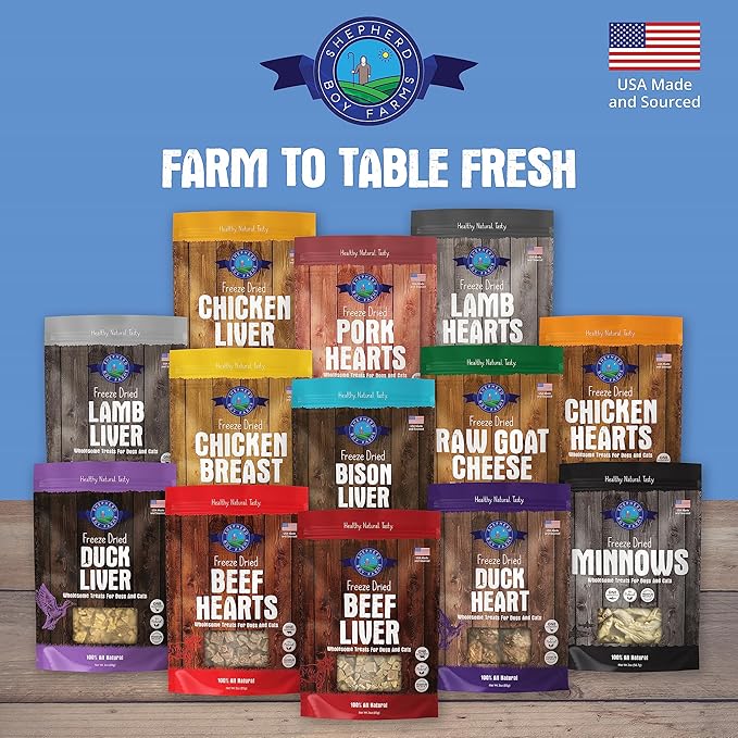 Shepherd Boy Farms Freeze Dried Dog and Cat Treats, Lamb Heart, All Natural Single Ingredient Freeze-Dried Dog Treat & Snacks, Made in USA, High Protein, Essential Nutrition of Raw Food, 3oz