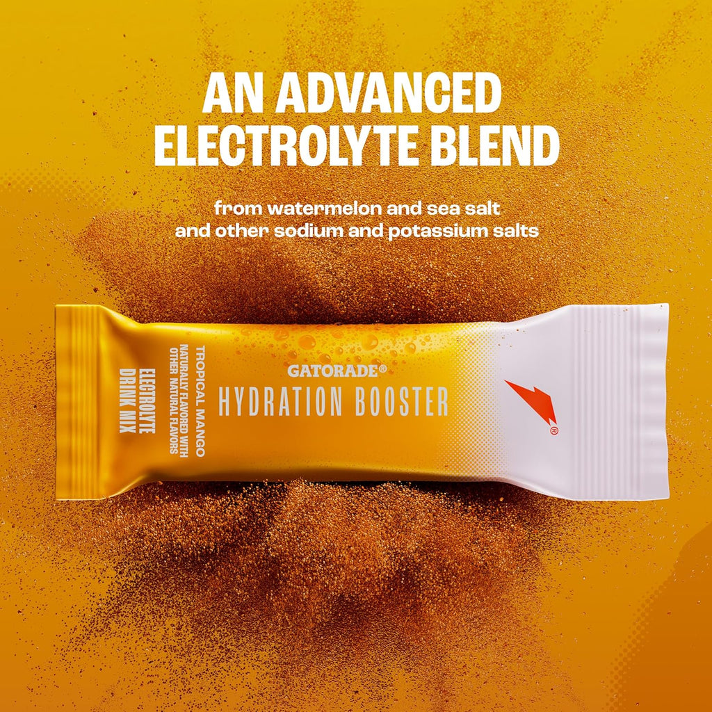 Gatorade Hydration Booster Electrolyte Drink Mix Powder Packets, Tropical Mango, Advanced Electrolyte Blend, No Added Colors, No Artificial Sweeteners, Essential Vitamins A, C, B3, B5, B6, Makes 20 Fl Oz, (6 Pack)