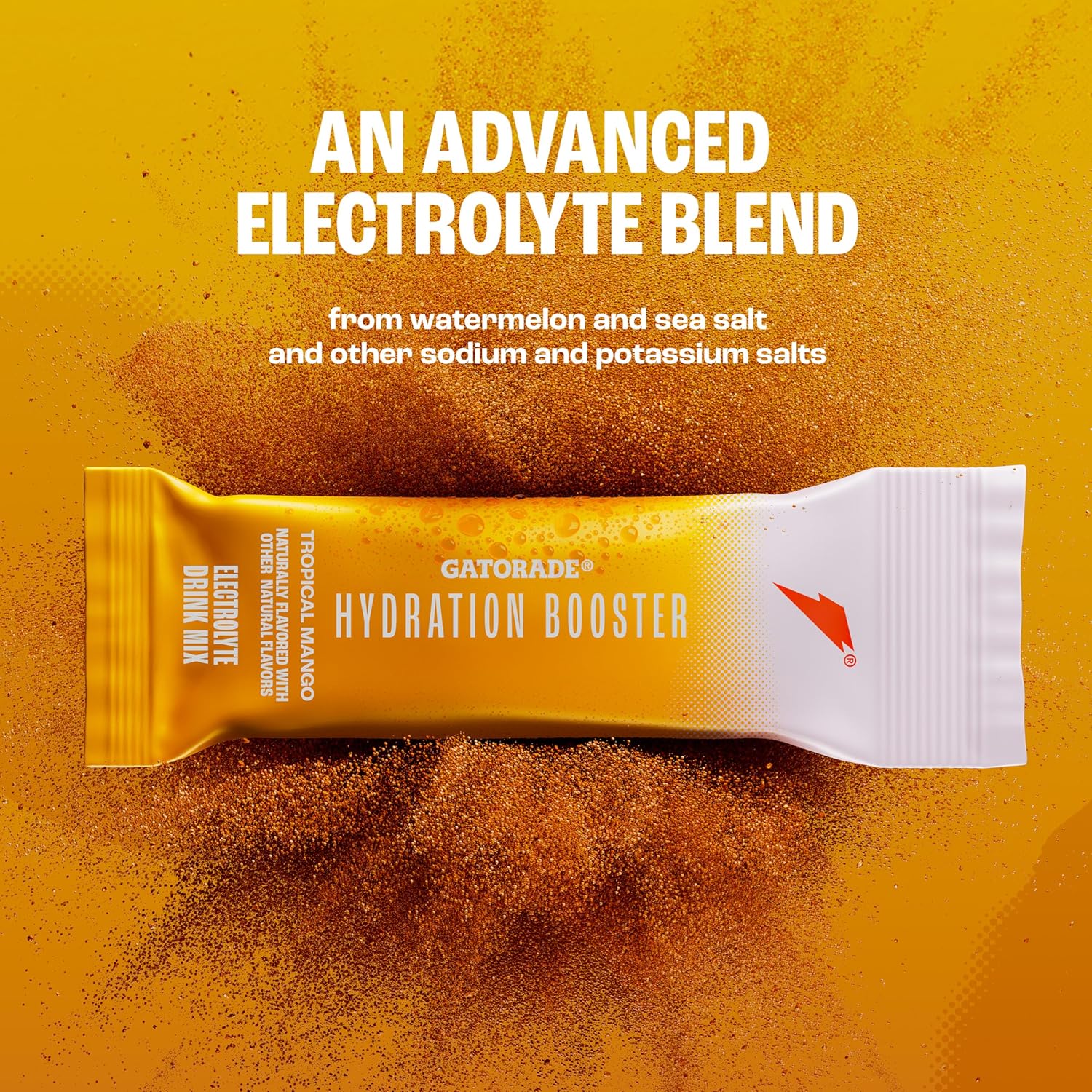 Gatorade Hydration Booster Electrolyte Drink Mix Powder Packets, Tropical Mango, Advanced Electrolyte Blend, No Added Colors, No Artificial Sweeteners, Essential Vitamins A, C, B3, B5, B6, Makes 20 Fl Oz, (6 Pack)