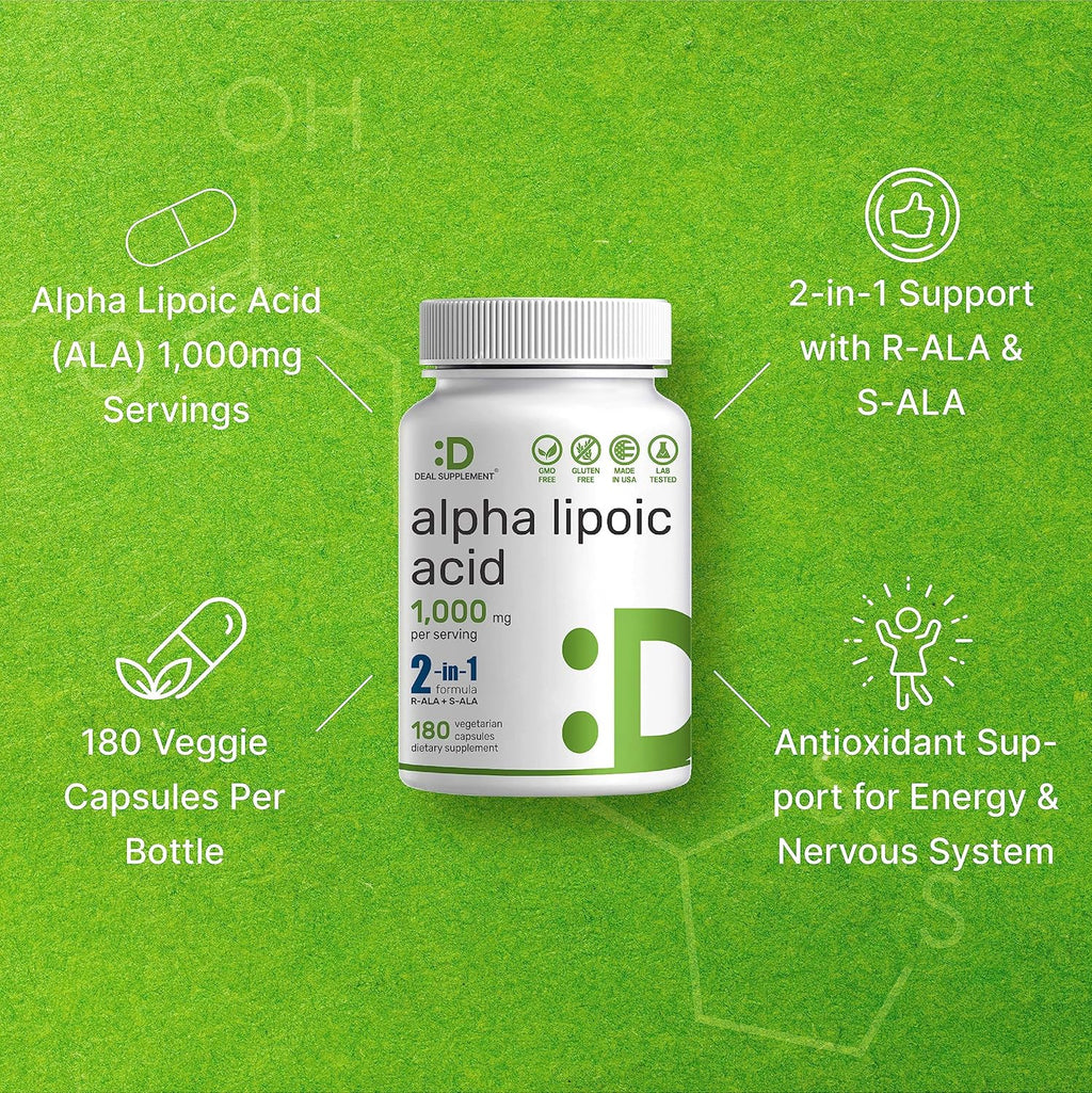 Alpha Lipoic Acid 1,000mg, 180 Veggie Capsules – 50/50 R-ALA & S-ALA for Max Bioavailability – Antioxidant Supplement – Energy & Nervous System Support – Non-GMO
