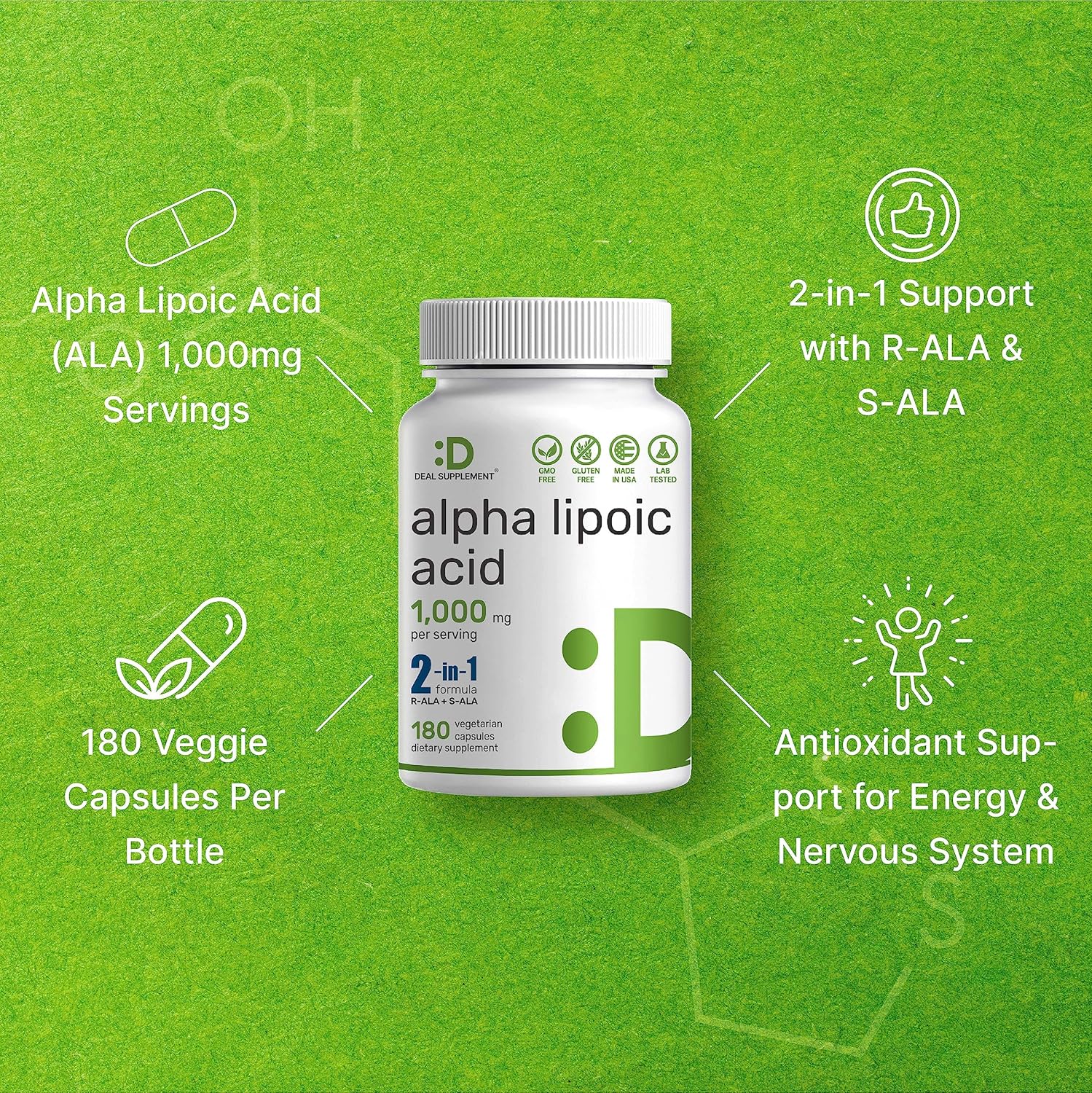 Alpha Lipoic Acid 1,000mg, 180 Veggie Capsules – 50/50 R-ALA & S-ALA for Max Bioavailability – Antioxidant Supplement – Energy & Nervous System Support – Non-GMO