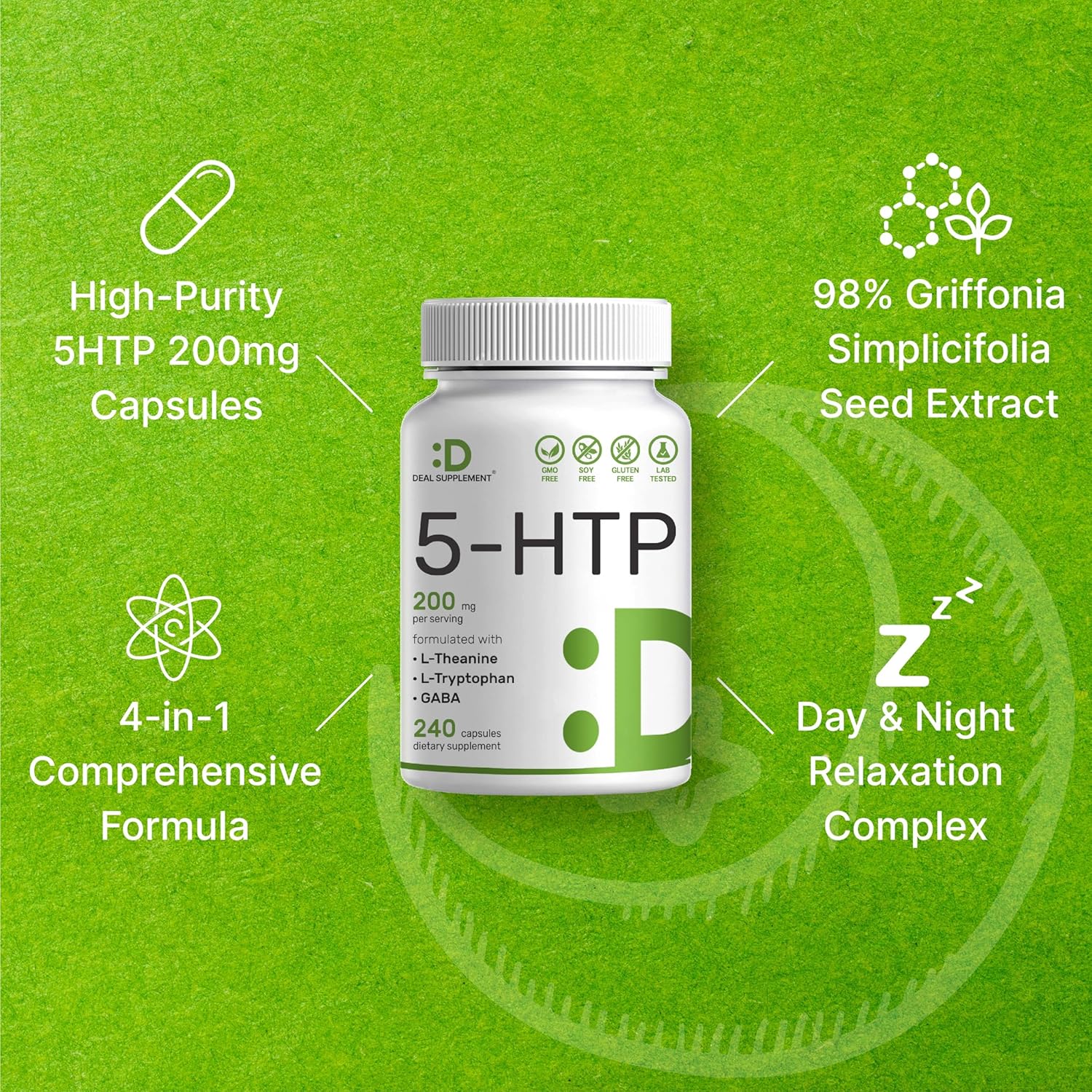 5-HTP 200mg Per Serving, 240 Capsules, 98% African Derived Griffonia Seed Extract | 4 in 1 Formula | Plus Active L Theanine, L Tryptophan, & GABA | Relaxation Support