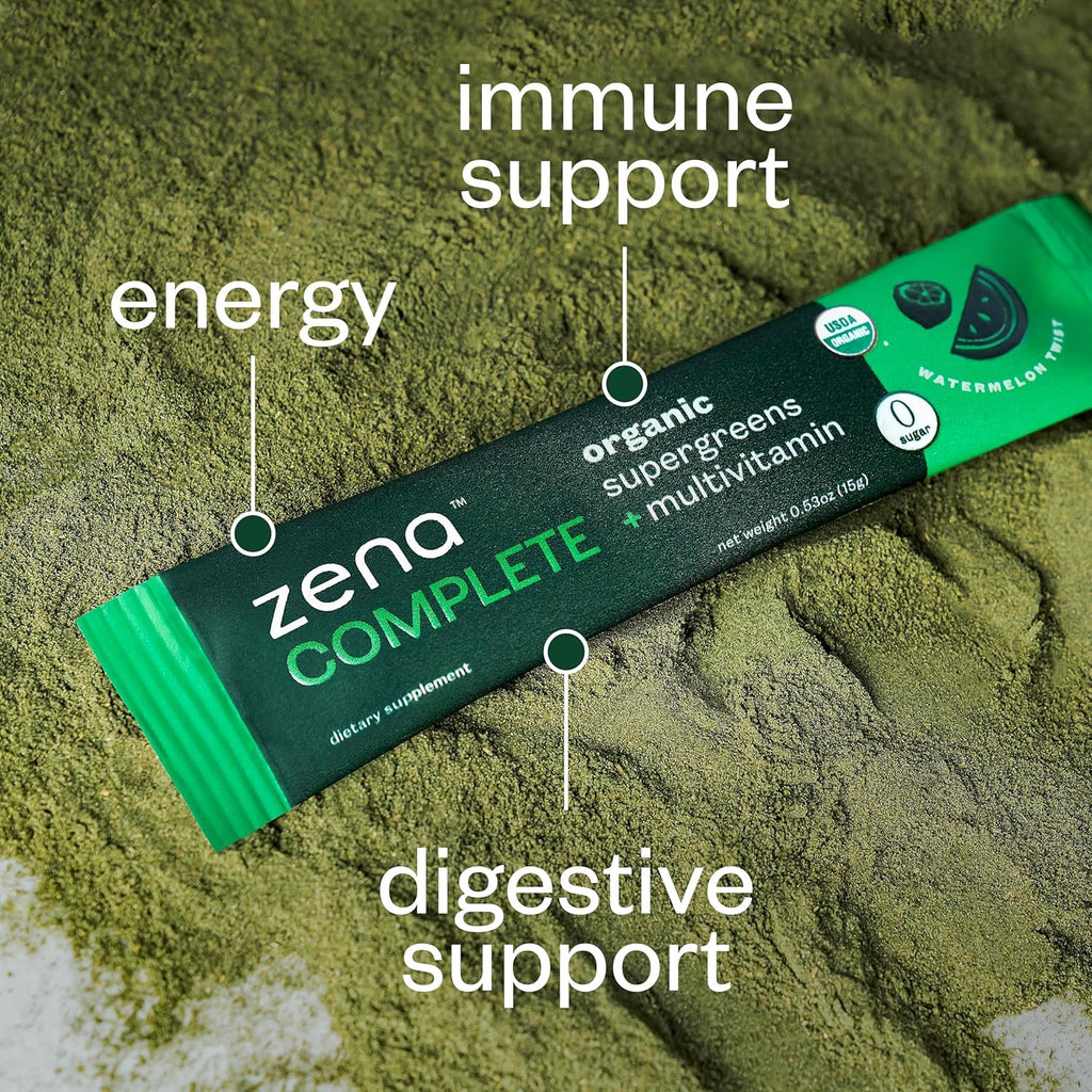 Zena Complete Organic Super Greens Powder & Multivitamin, 90+ Supergreens, Fruits, Veggies, 0 Sugar, 5G Fiber, Pre & Probiotics, Watermelon Citrus Flavor, 30 Packets
