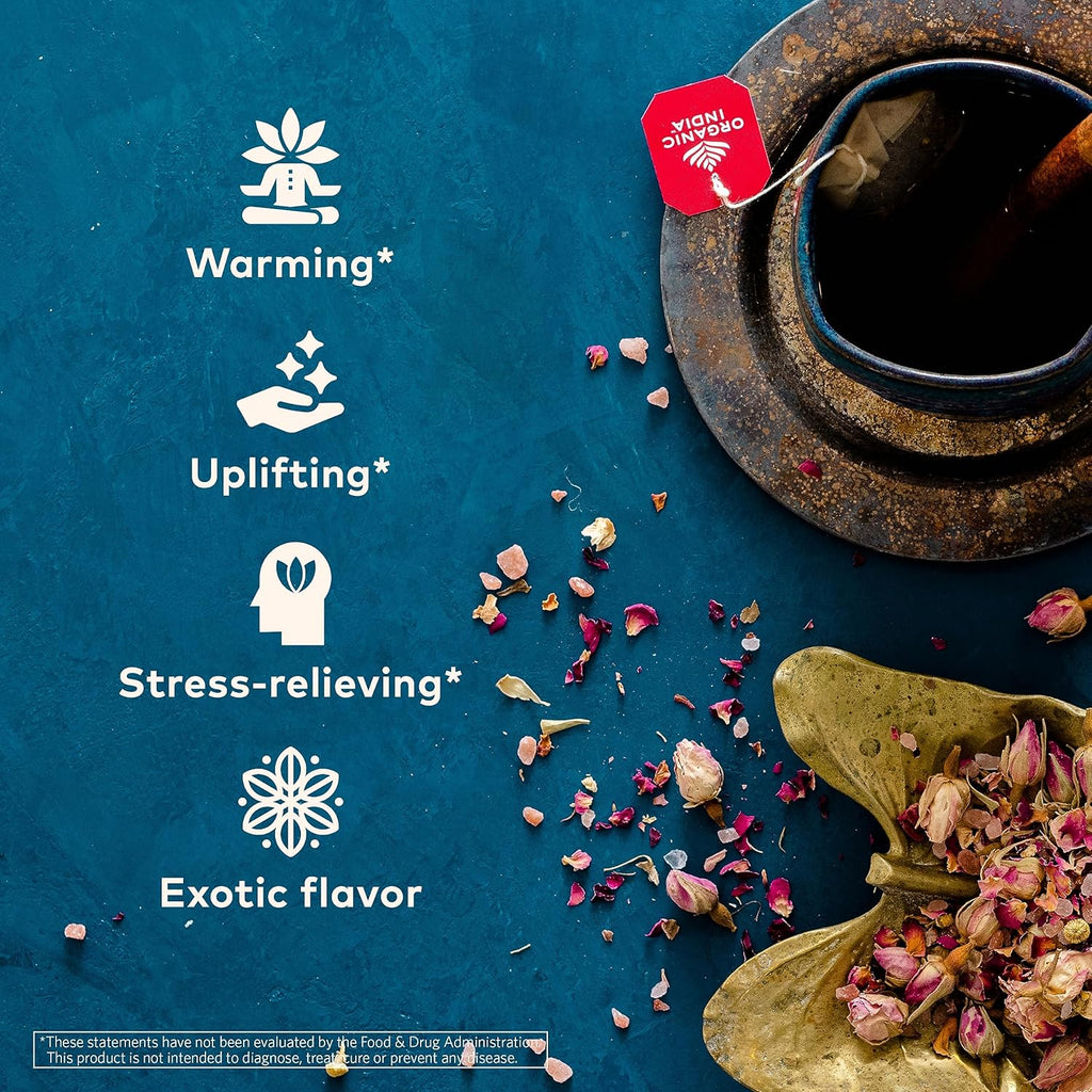 ORGANIC INDIA Tulsi Cinnamon Rose Tea Bags - Tulsi Rose Tea Bags, Cinnamon Tea Bags with Holy Basil, Chamomile, Stevia, USDA Certified Organic Caffeine Free Herbal Tea - 18 Infusion Bags, 6 Pack