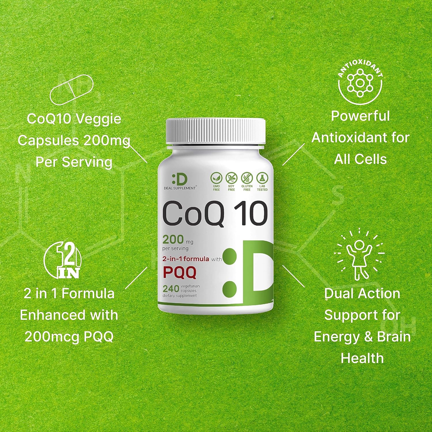 DEAL SUPPLEMENT CoQ10 200mg with PQQ 200mcg, 240 Veggie Capsules | Bioavailable Coenzyme Q10 Complex | Supports Heart, Energy & Brain Health | Antioxidant Support | Non-GMO