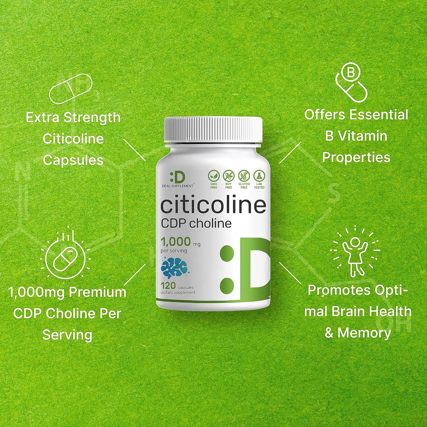 DEAL SUPPLEMENT Citicoline CDP Choline, 1,000mg Per Serving, 120 Capsules – Extra Strength Choline Supplements – Nootropic B Vitamin Properties – Promotes Brain Health, Memory, & Focus – Non-GMO