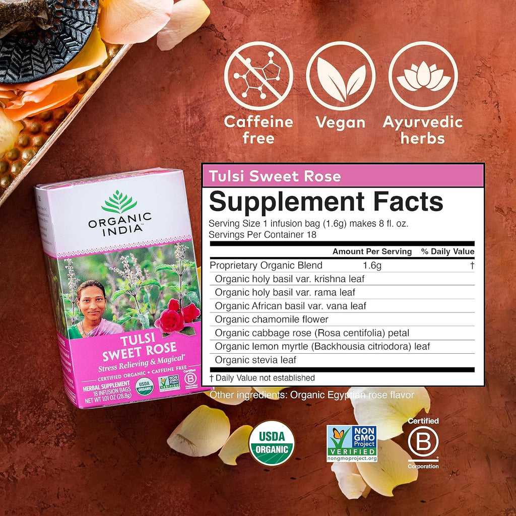 Organic India Tulsi Sweet Rose Herbal Tea - Holy Basil Leaf, African Basil, Chamomilie, Lemon Myrtle, Stress Relieving, Immune Support, USDA Certified Organic, Caffeine-Free - 18 Infusion Bags, 6 Pack