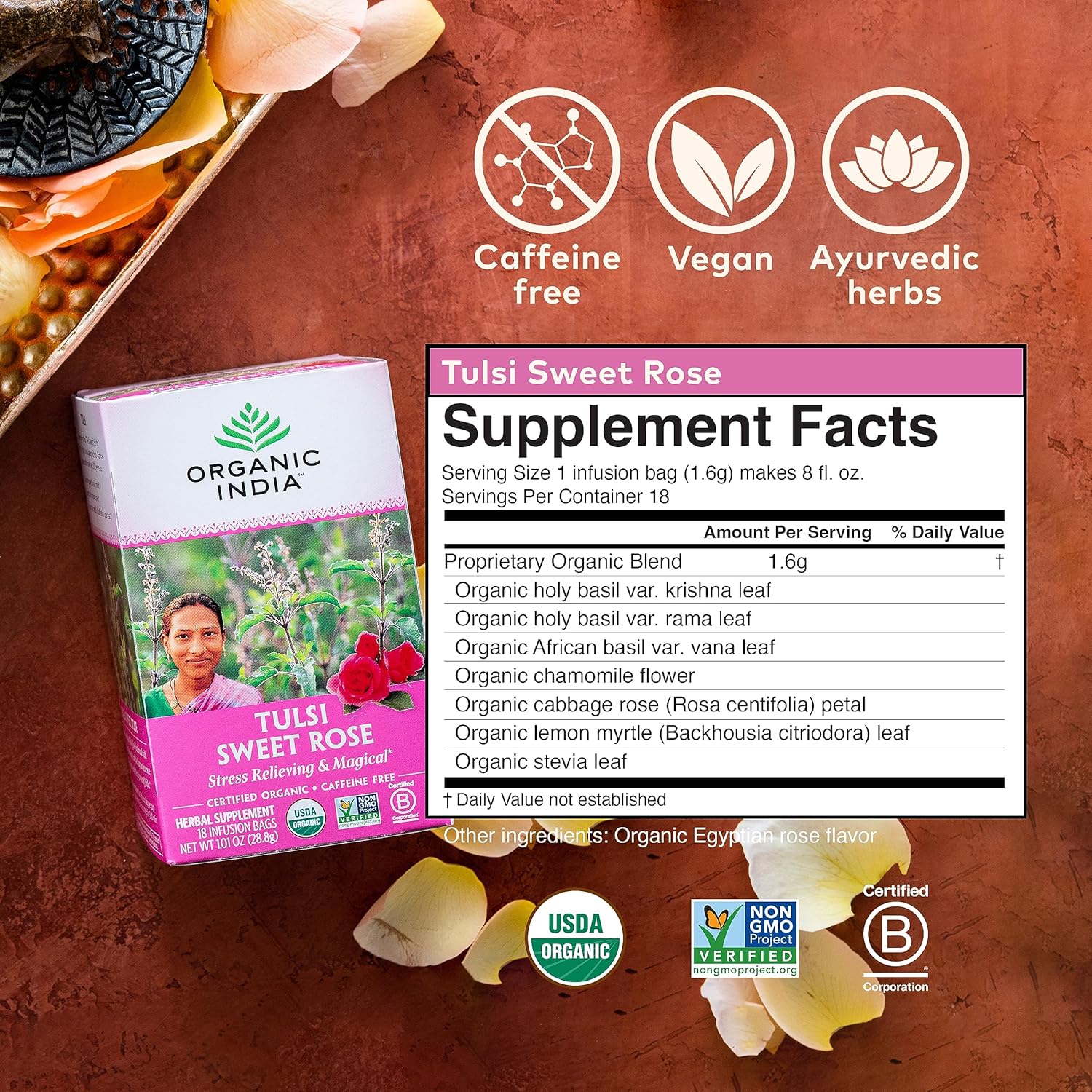 ORGANIC INDIA Tulsi Sweet Rose Herbal Tea - Holy Basil Leaf, African Basil, Chamomilie, Lemon Myrtle, Stress Relieving, Immune Support, USDA Certified Organic, Caffeine-Free - 18 Infusion Bags, 1 Pack