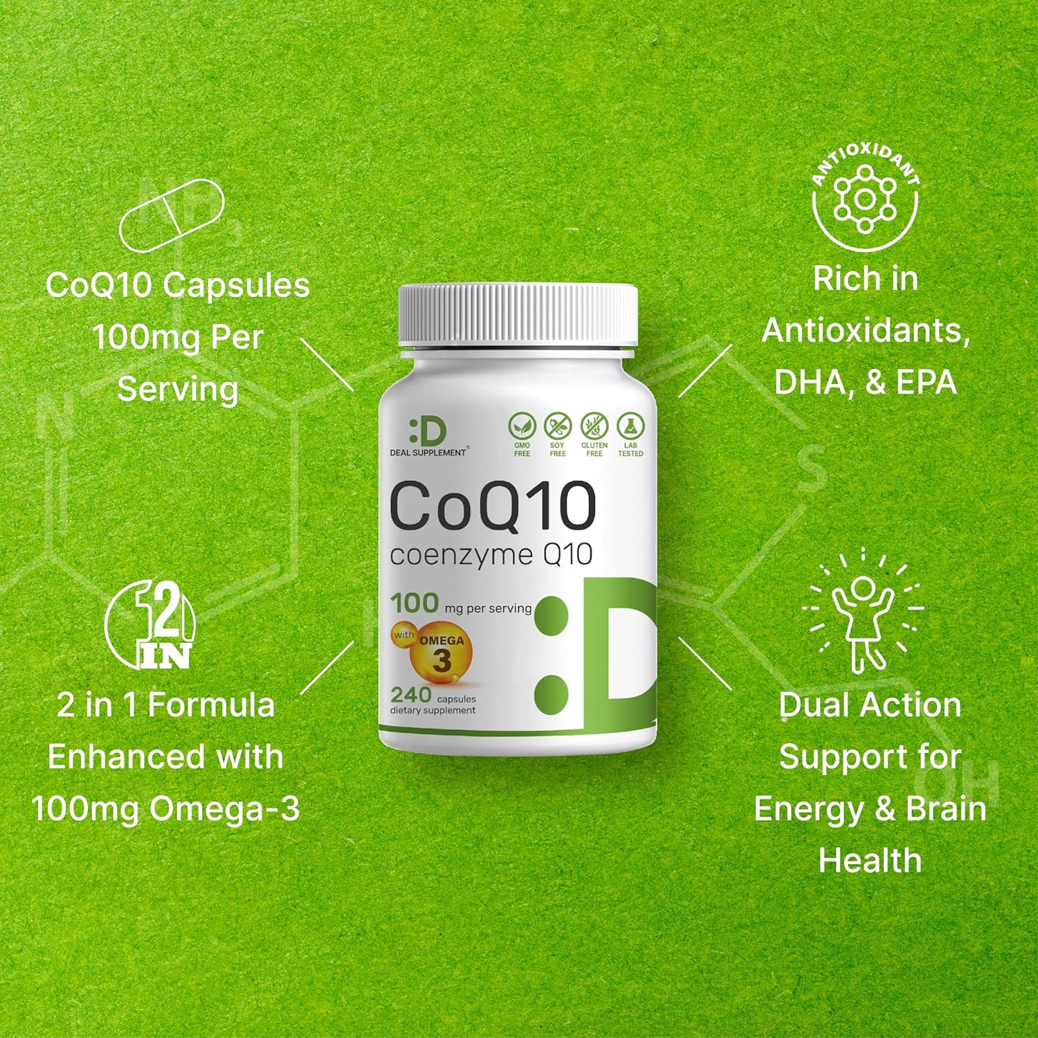 DEAL SUPPLEMENT CoQ10 100mg with Omega 3 100mg, 240 Capsules | Bioavailable Coenzyme Q10 Formula | Supports Heart, Energy & Brain Health | Antioxidant Support | Non-GMO