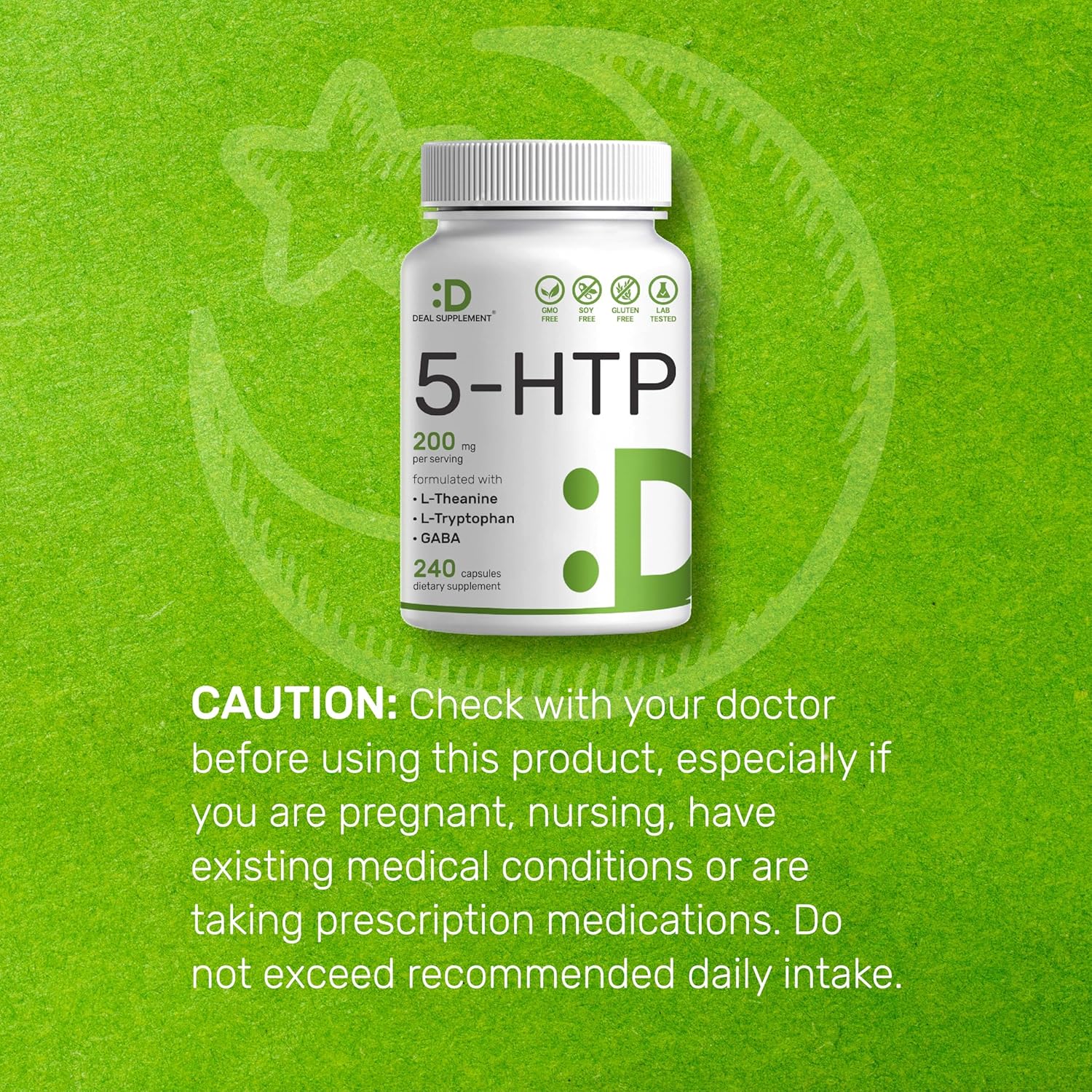 5-HTP 200mg Per Serving, 240 Capsules, 98% African Derived Griffonia Seed Extract | 4 in 1 Formula | Plus Active L Theanine, L Tryptophan, & GABA | Relaxation Support