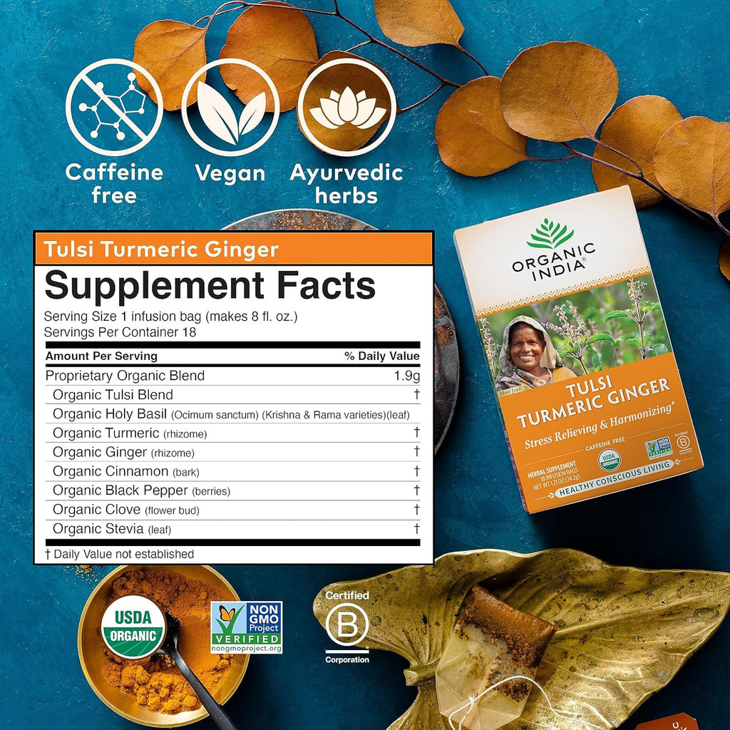ORGANIC INDIA Tulsi Turmeric Ginger Tea Bags- Herbal Tea, Ginger Turmeric Tea, Immune Support, Aids Digestion, Caffeine-Free- 18 Infusion Bags, 1 Pack