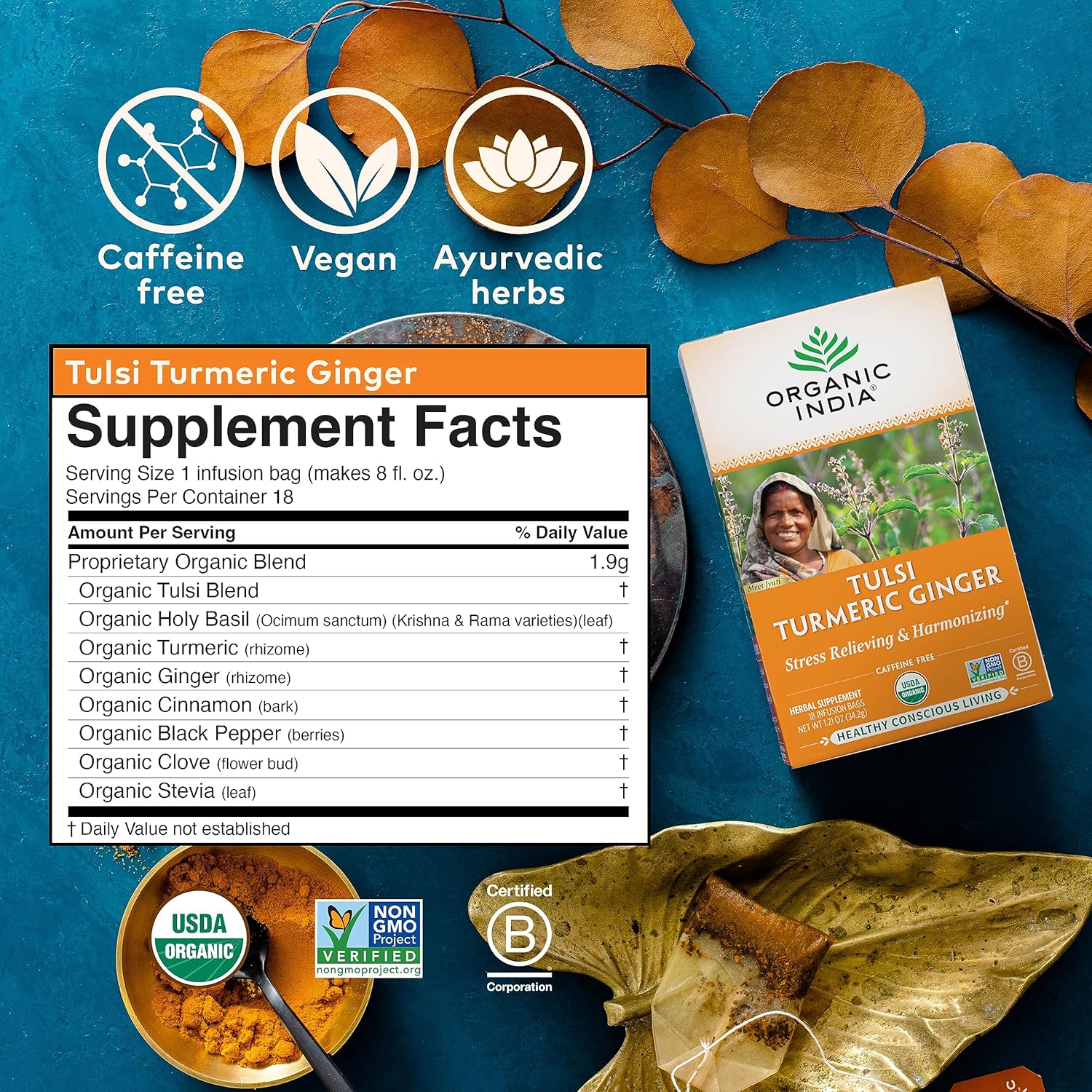 ORGANIC INDIA Tulsi Turmeric Ginger Tea Bags- Herbal Tea, Ginger Turmeric Tea, Immune Support, Aids Digestion, Caffeine-Free- 18 Infusion Bags, 1 Pack