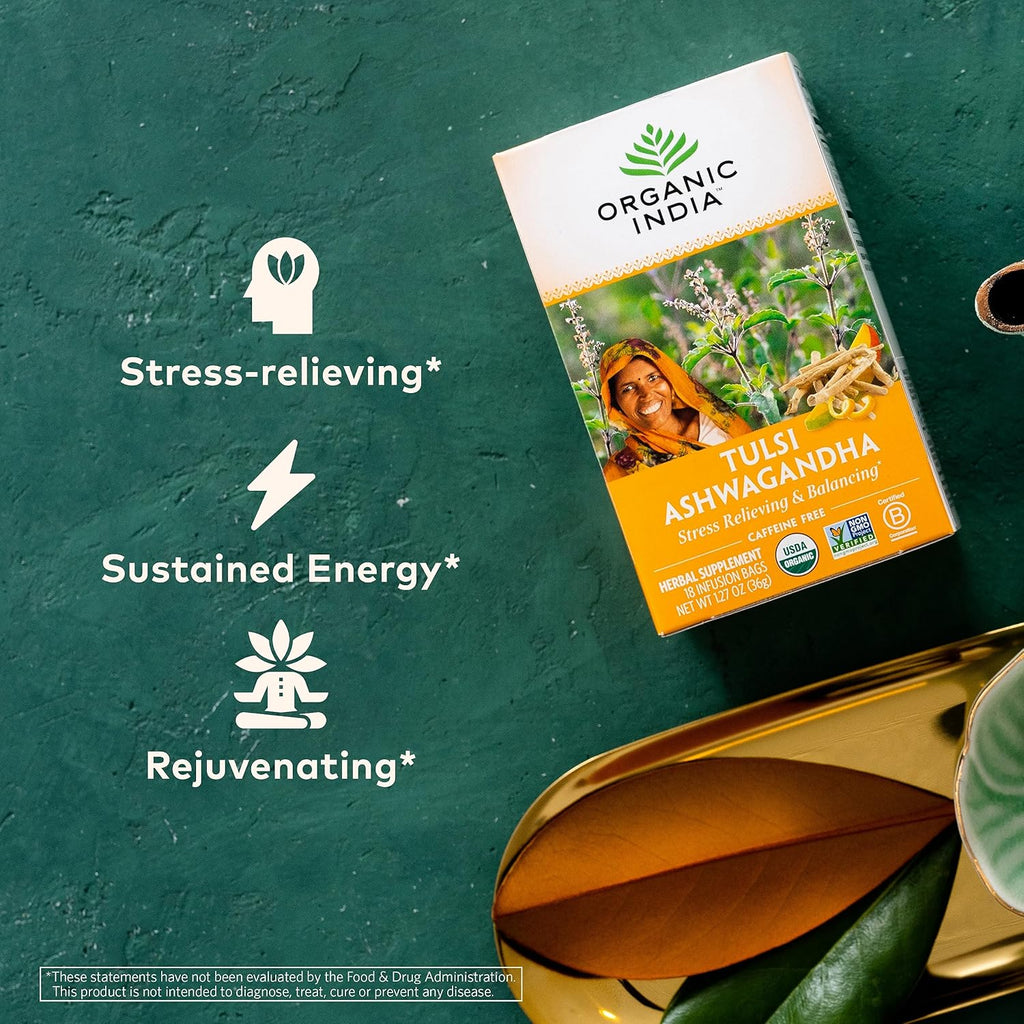 ORGANIC INDIA Calming Tulsi Ashwagandha Tea - Organic Tea Bags, Holy Basil, Vegan, USDA Certified Organic, Non-GMO, Caffeine Free - 18 Infusion Bags, 6 Pack