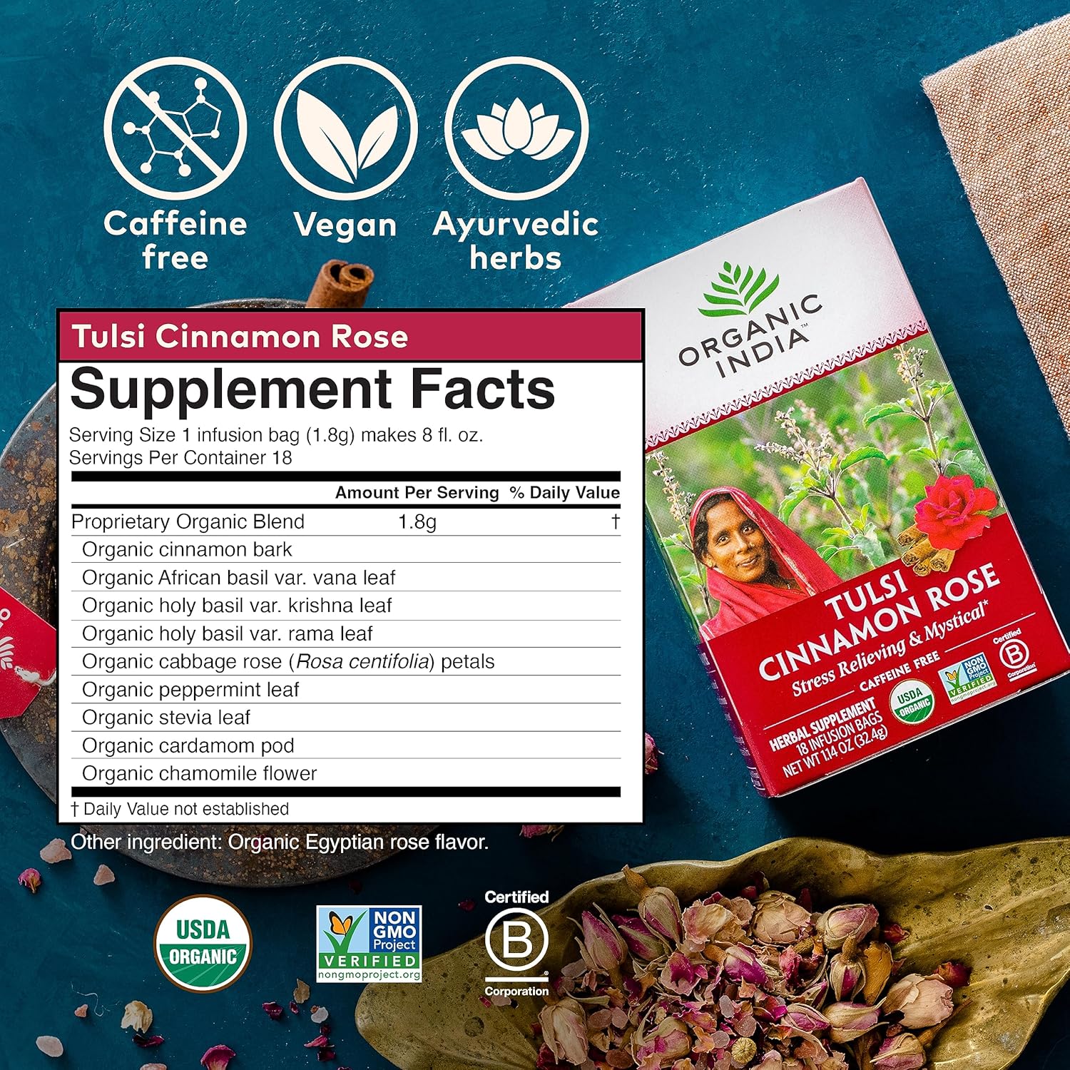 ORGANIC INDIA Tulsi Cinnamon Rose Tea Bags - Tulsi Rose Tea Bags, Cinnamon Tea Bags with Holy Basil, Chamomile, Stevia, USDA Certified Organic Caffeine Free Herbal Tea - 18 Infusion Bags, 6 Pack