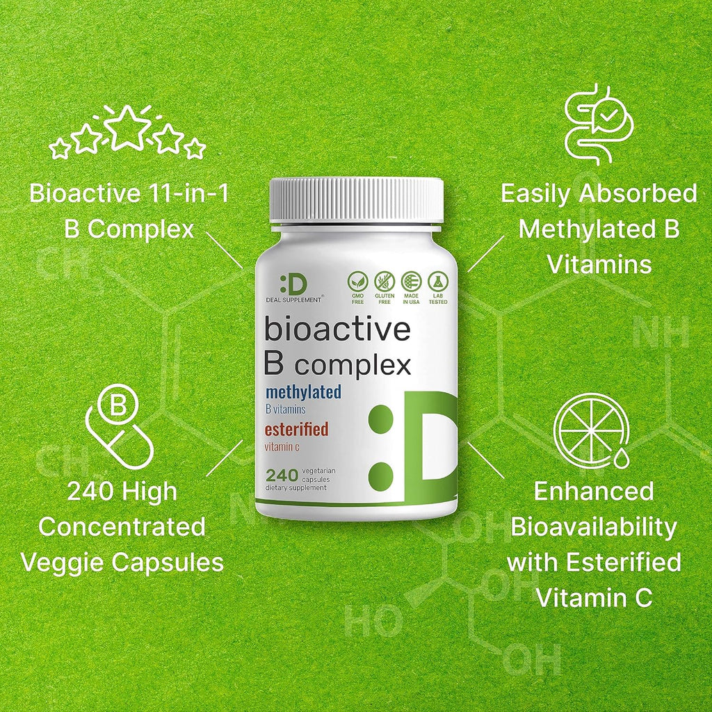 Bioactive Vitamin B Complex, 240 Veggie Capsules - Methylated Multivitamin B Complex & Esterified Vitamin C – High Potency & Easy Absorption – Immune, Energy, & Metabolism Supplement – Non-GMO