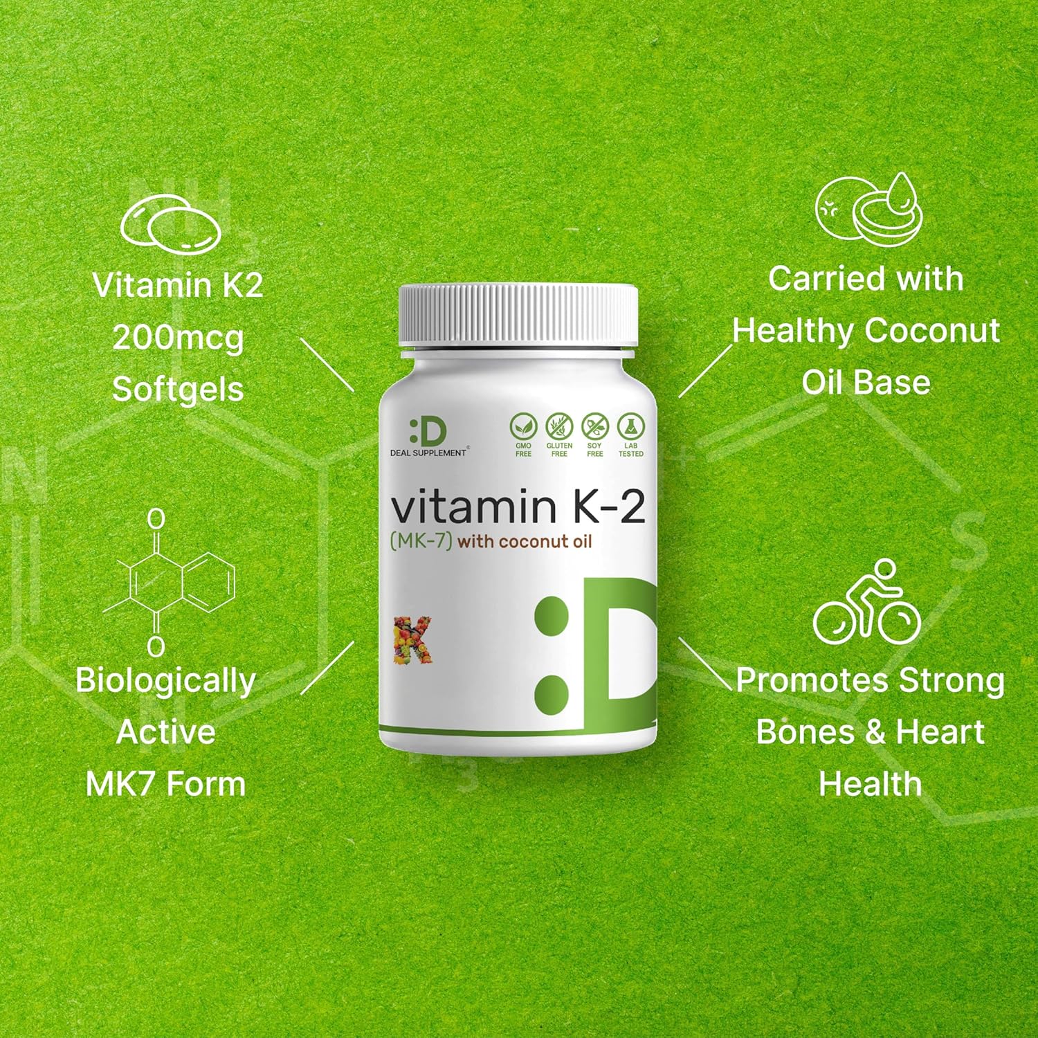 DEAL SUPPLEMENT Vitamin K2 MK-7 200mcg Per Serving, 240 Coconut Oil Softgels | Easily Absorbed Menaquinone-7 Form | Bone, Joint, & Immune Support – Non-GMO