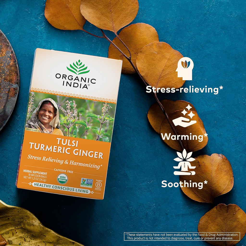 ORGANIC INDIA Tulsi Turmeric Ginger Herbal Tea - Stress Relieving & Harmonizing, Immune Support, Aids Digestion, Vegan, Caffeine-Free - 18 Infusion Bags, 6 Pack