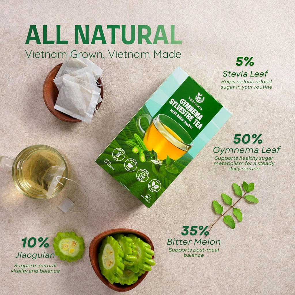VieTreasures Gymnema Leaf Tea - 2.8oz (40 Tea Bags) | With Bittermelon, Stevia | Non GMO, Caffeine-Free, Antioxidant, Vegan, Keto-Friendly Organic Herbal Infusion Tea | Energy Boost & Health Support