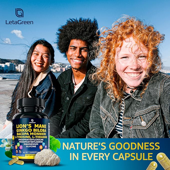 Organic Lions Mane Supplement Capsules - 360 Real Mushrooms Lion's Mane Capsules with Ginkgo Biloba Herb, Bacopa Monnieri, L Theanine, L Tyrosine - Mushroom Complex for Daily Wellness
