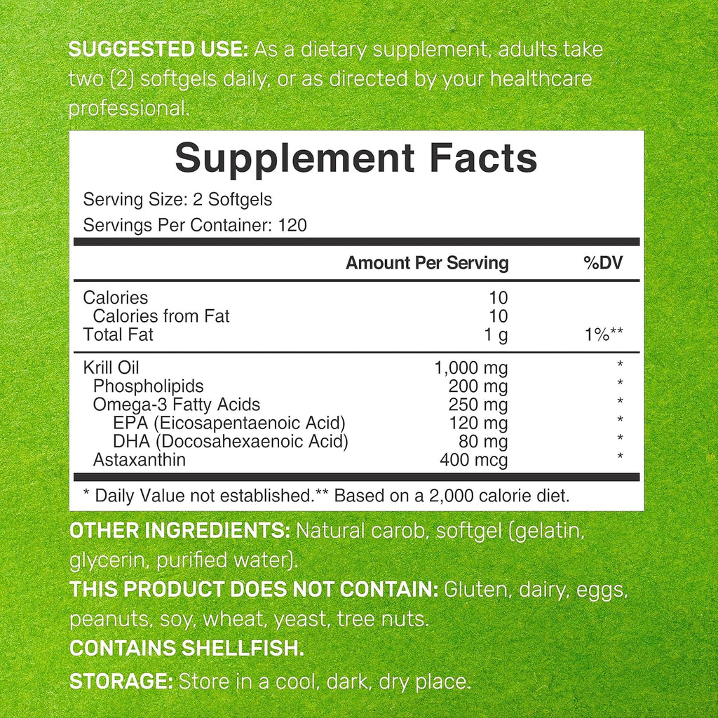 DEAL SUPPLEMENT Antarctic Krill Oil, 1,000mg Per Serving, 240 Softgels – Mercury Free, No Fishy Taste – Rich in Omega-3s, EPA, DHA, Astaxanthin, & Phospholipids – Non-GMO, No Gluten