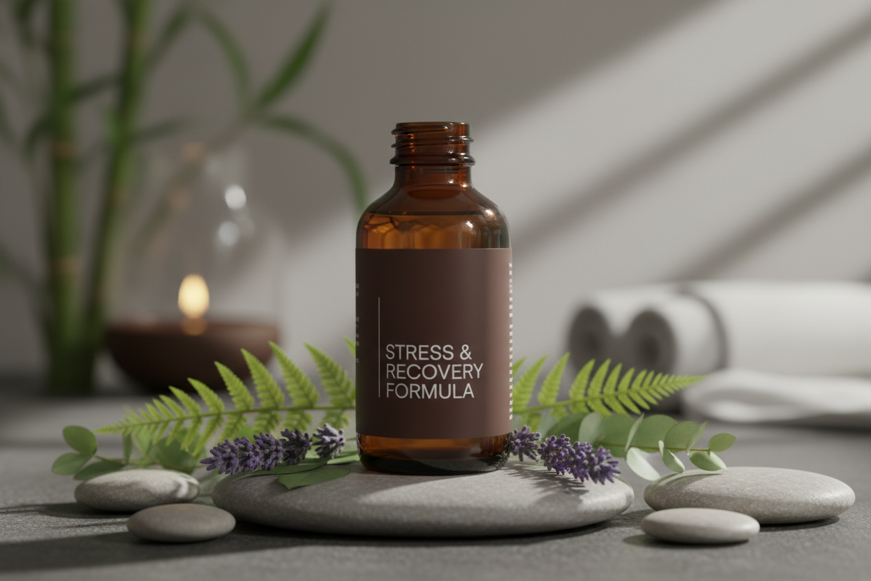 Stress & Recovery Formula

Restore balance, calm, and recovery

This product helps support relaxation, stress balance, and recovery after long or demanding days. Designed to work with your body’s natural rhythms, it promotes calm without drowsiness. (make it real photo)